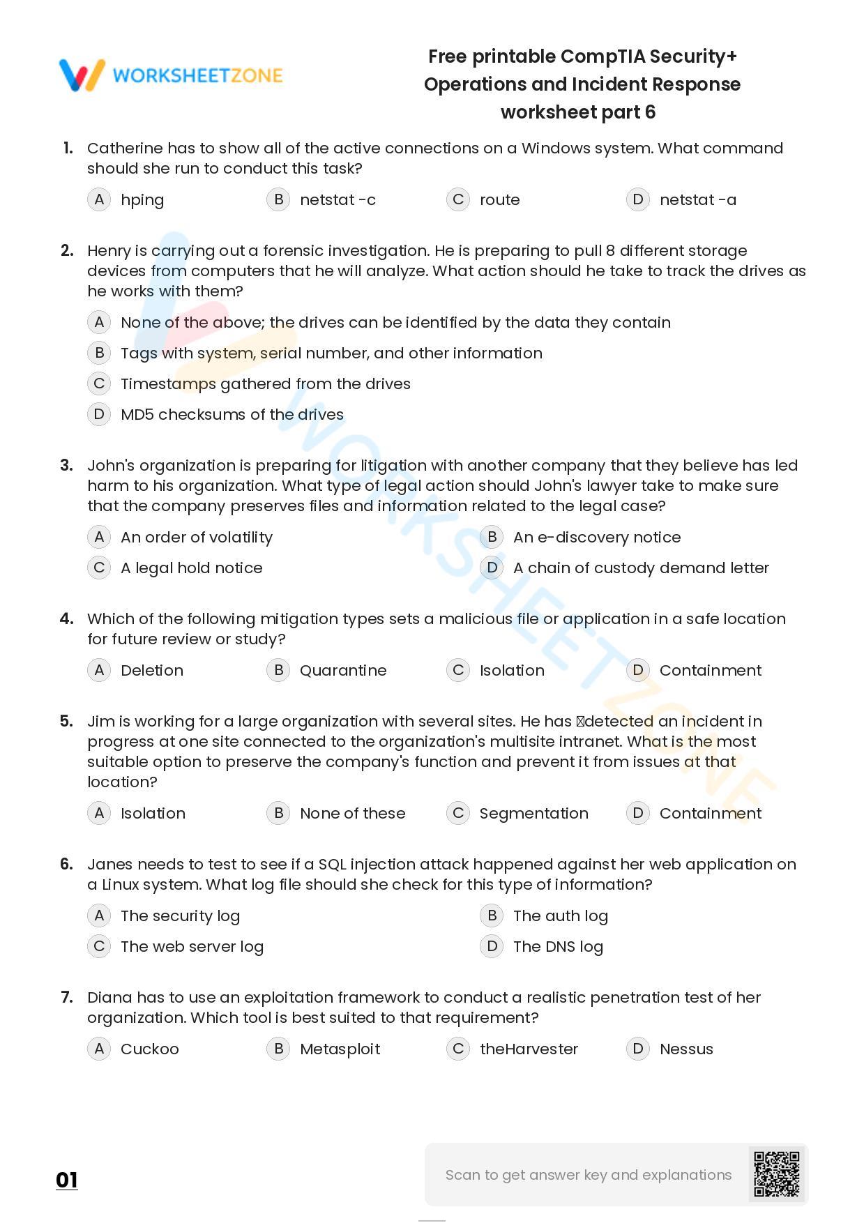 Free printable CompTIA Security+ Operations and Incident Response worksheet part 6 Worksheetzone