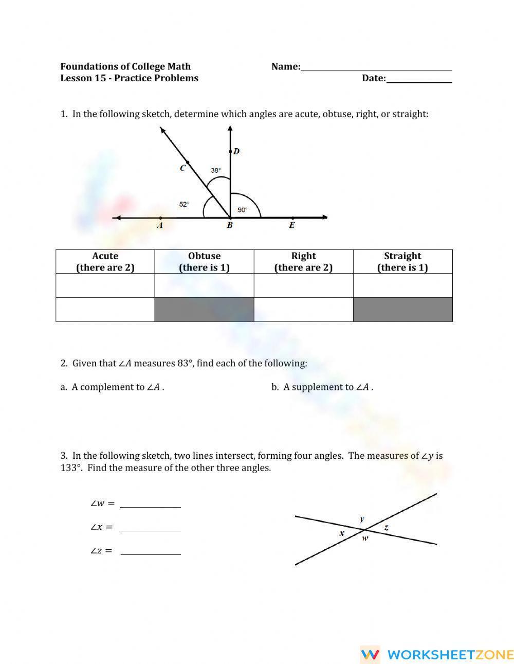 Basic Angle Practice Problems Worksheet