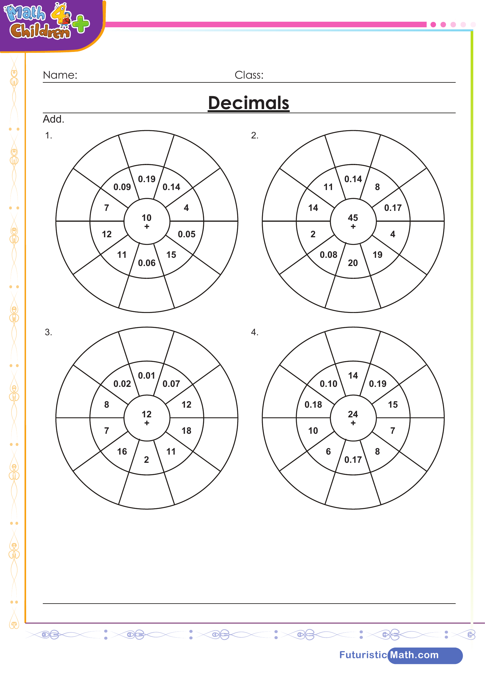 Addition of decimals Circle drill Worksheet Zone