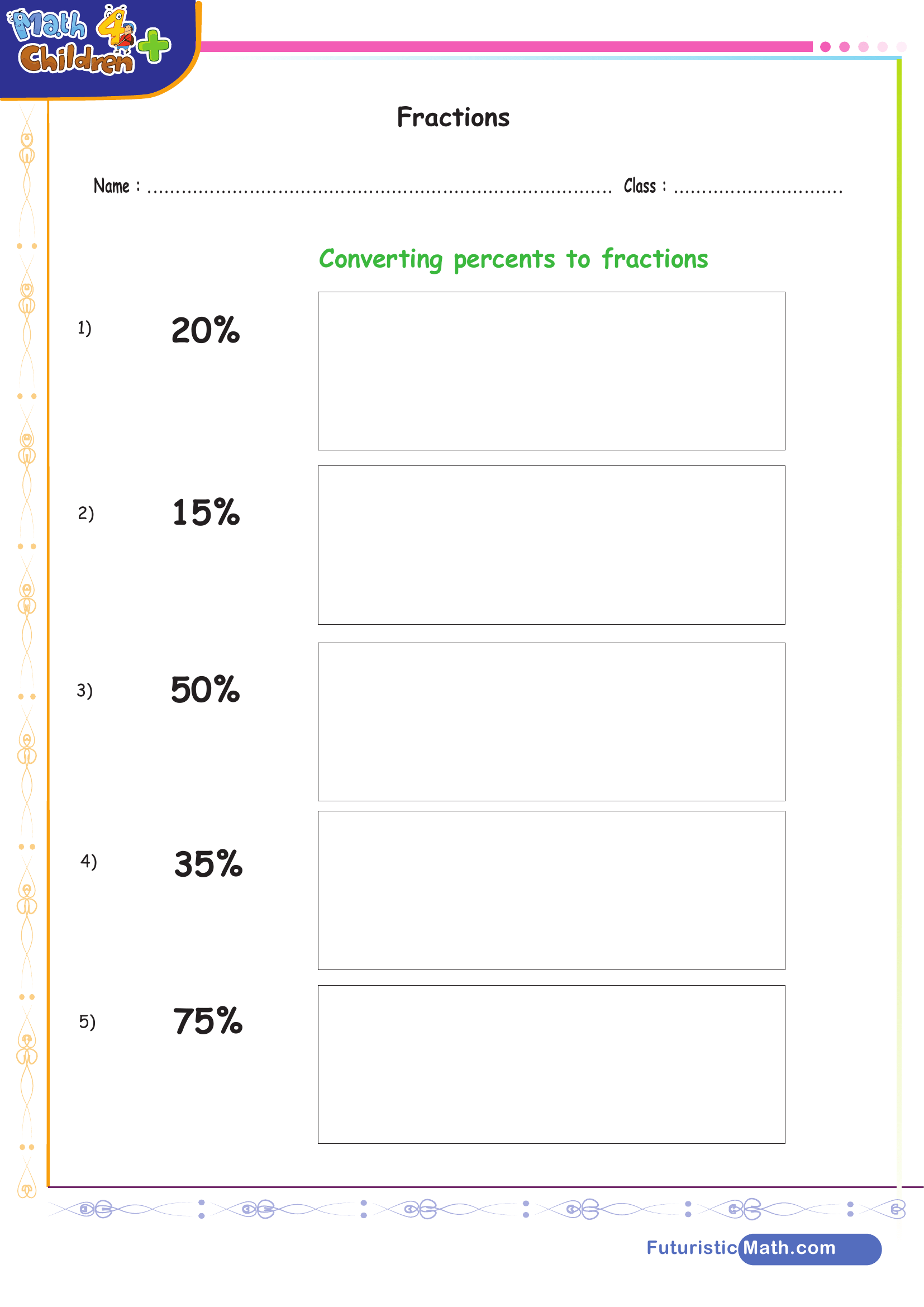 Converting percents to fractions | Worksheet Zone