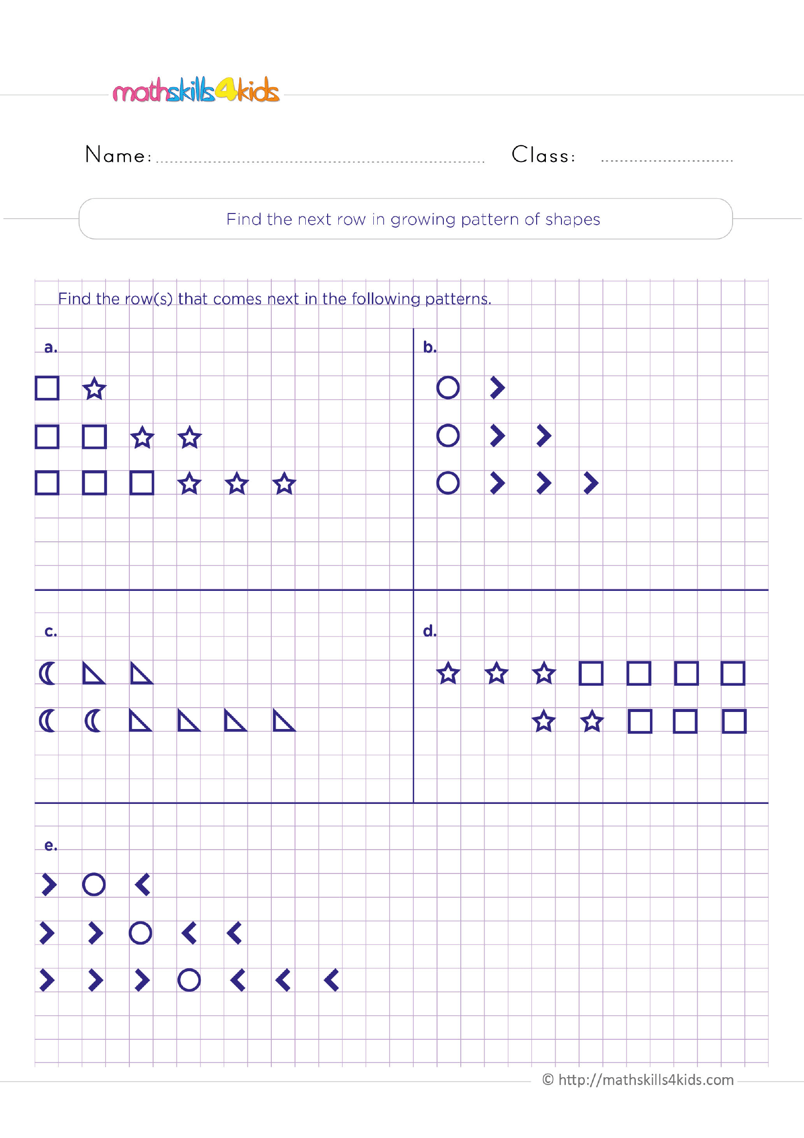 Find the next row in growing pattern of shapes Worksheet Zone