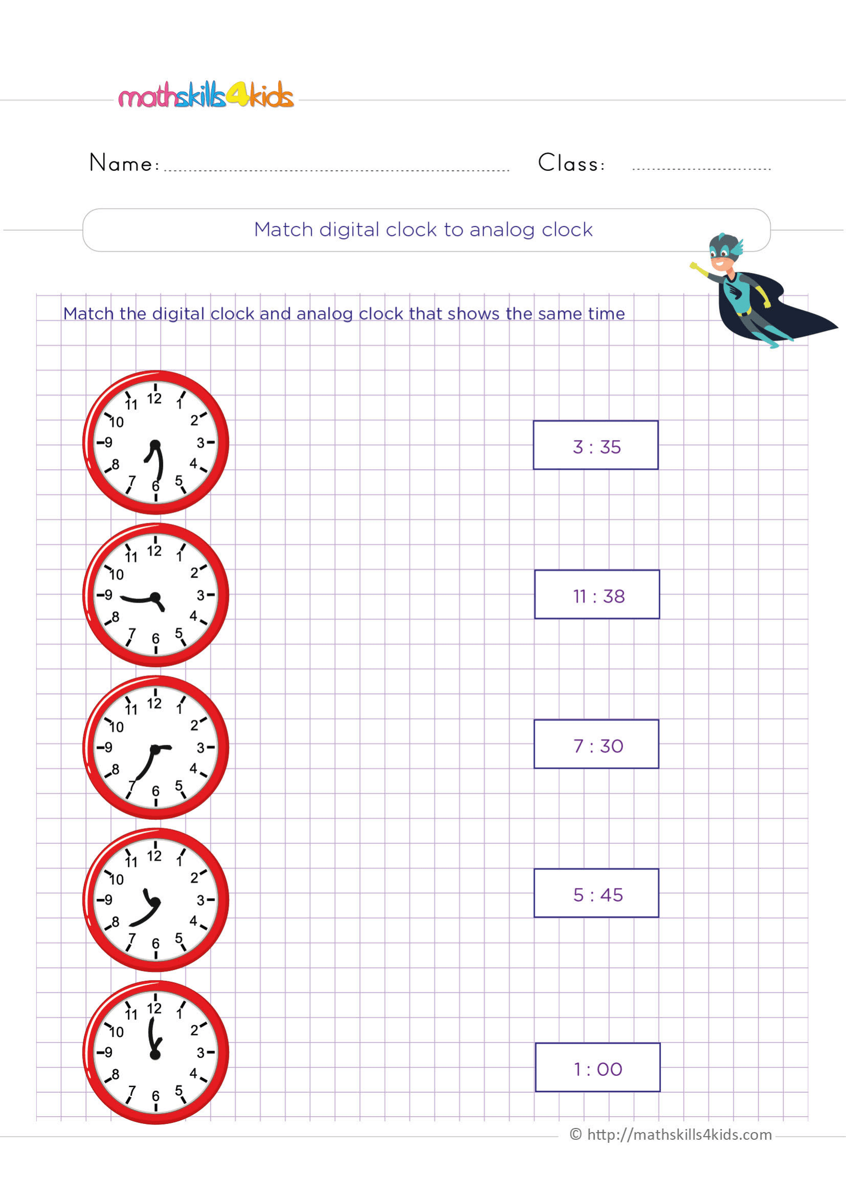 Match digital clock to analog clock Worksheet Zone