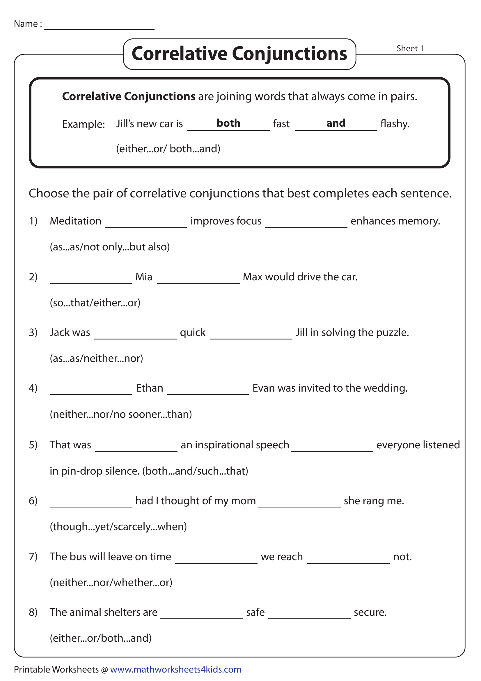 Choosing Correlative Conjunctions | Worksheet Zone