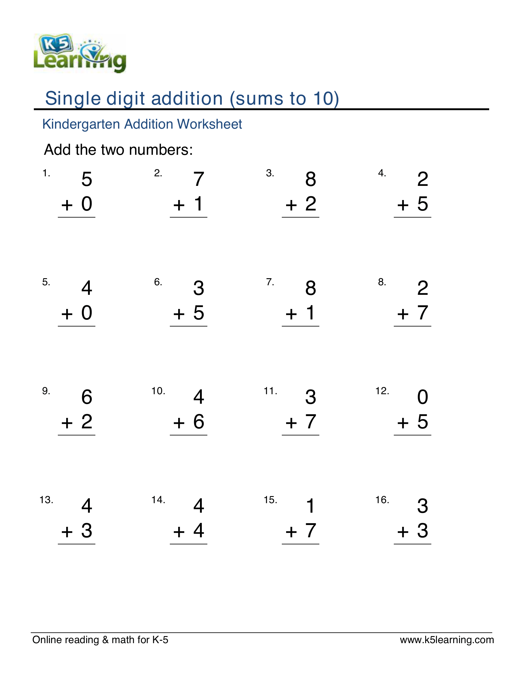 Simple addition - sums to 20 | Worksheet Zone