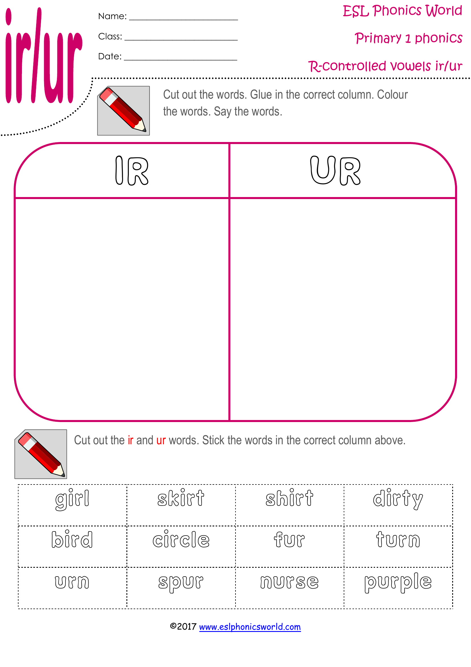 R-controlled vowels ir/ur | Worksheet Zone