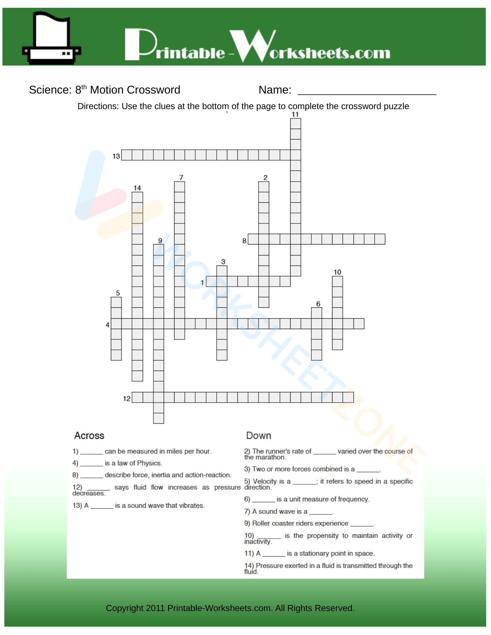 8th Grade Science Motion Crossword Worksheet Zone