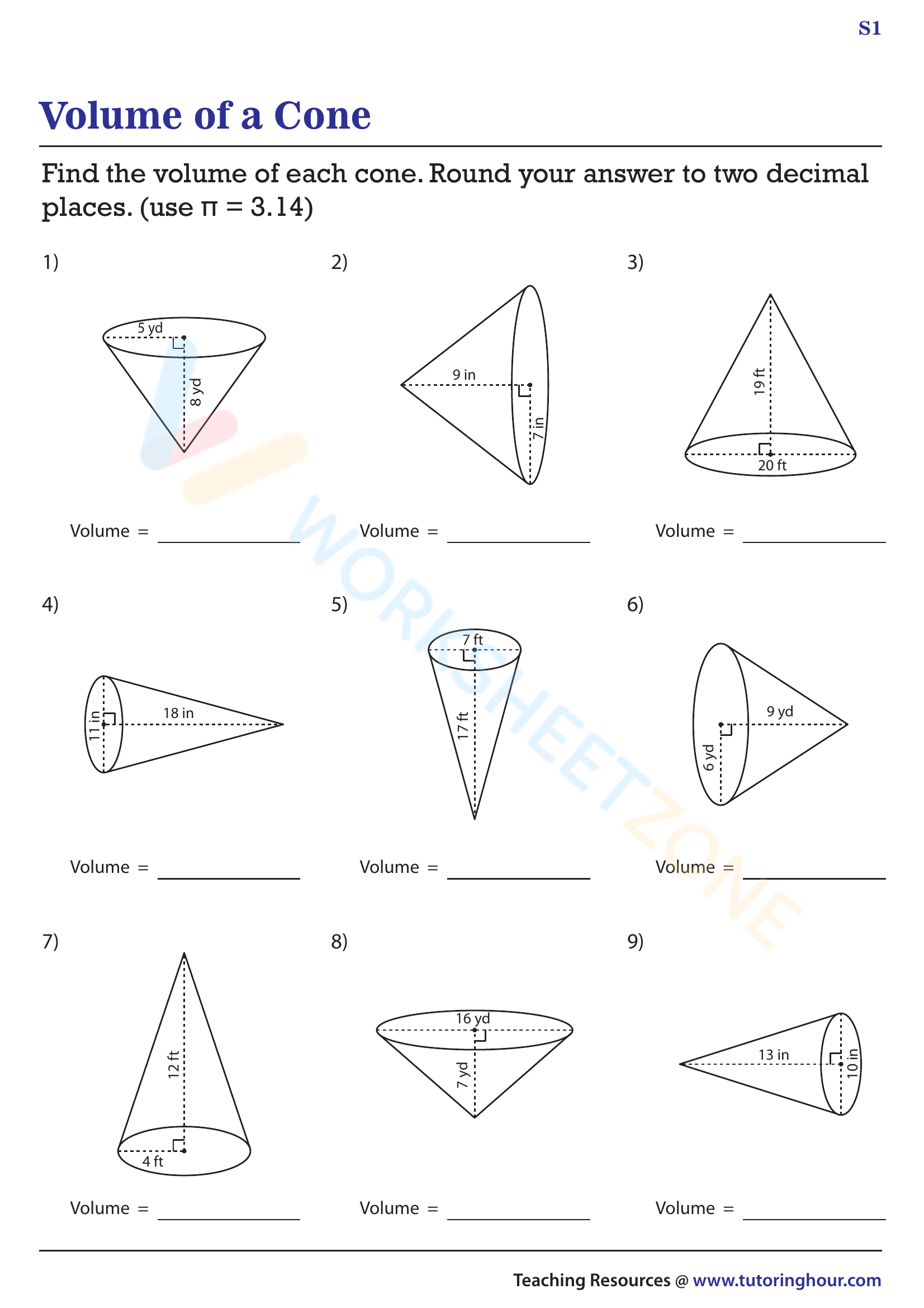 Volume of a Cone 1 Worksheet Zone