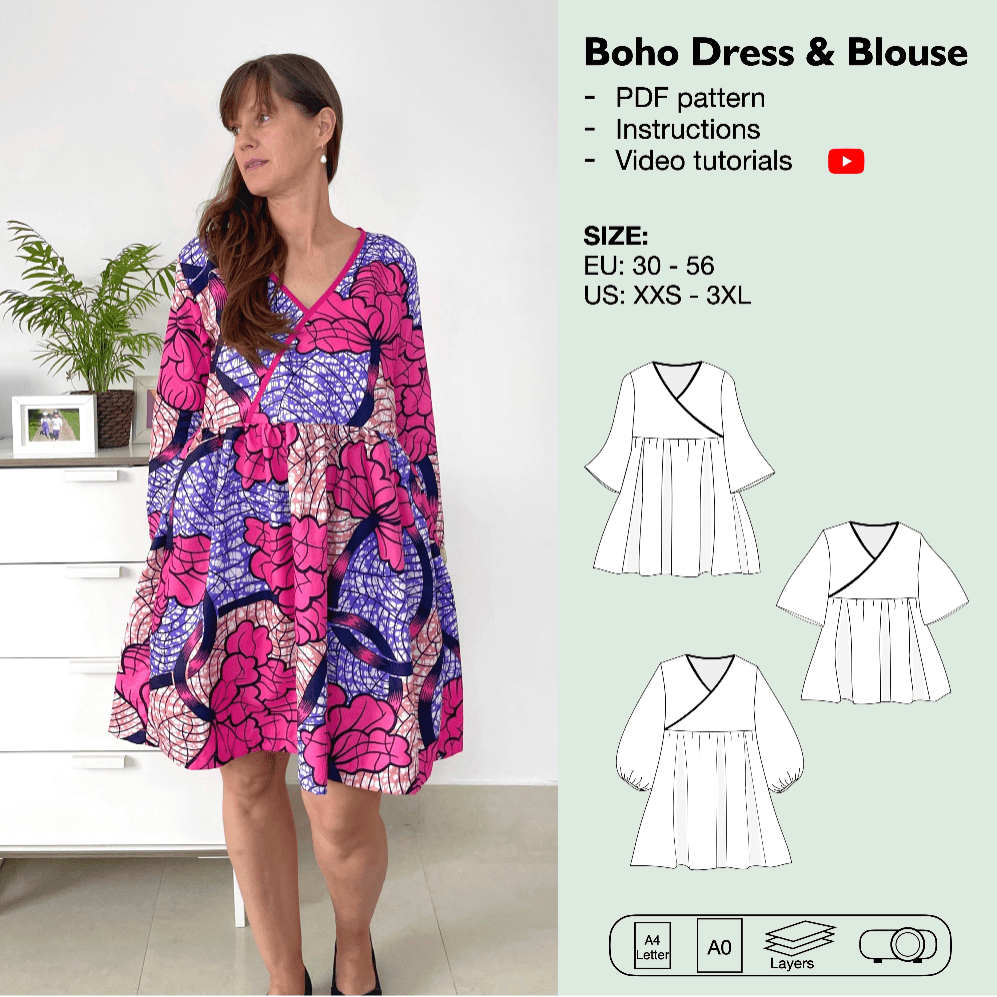 Women Boho dress and blouse pdf sewing pattern