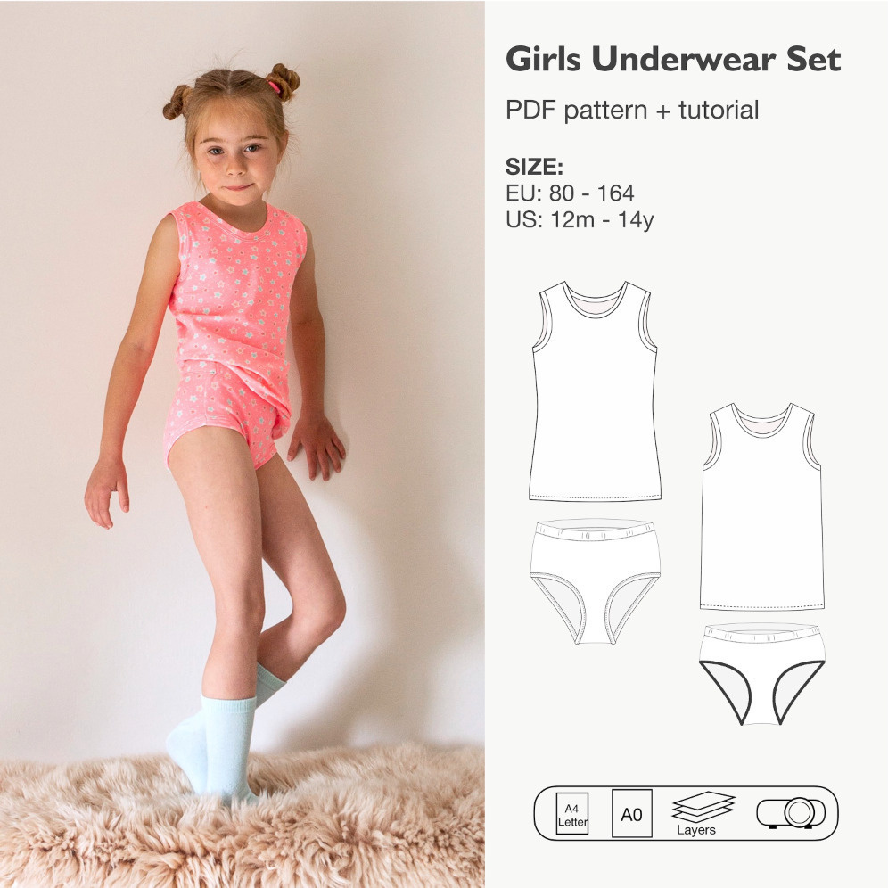 Girls underwear set pdf sewing pattern, girls vest, briefs