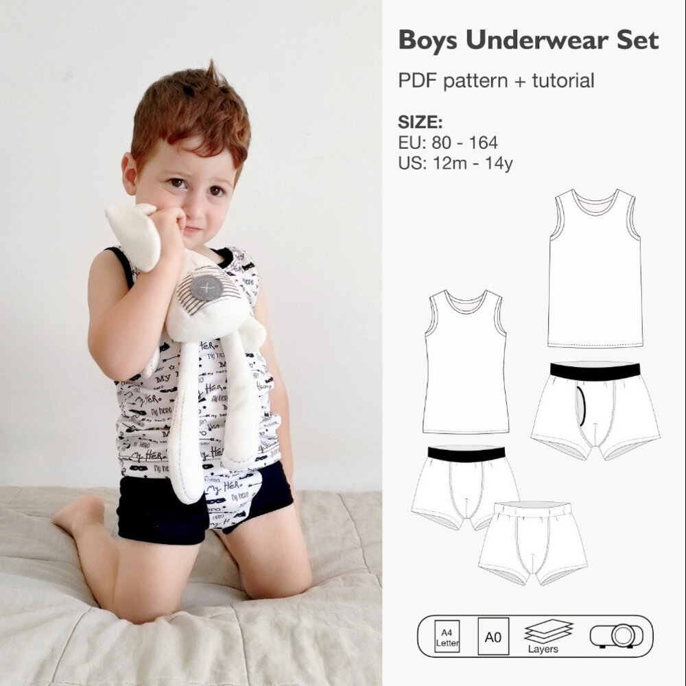 Boys underwear set pdf sewing pattern, boys vest and boxer