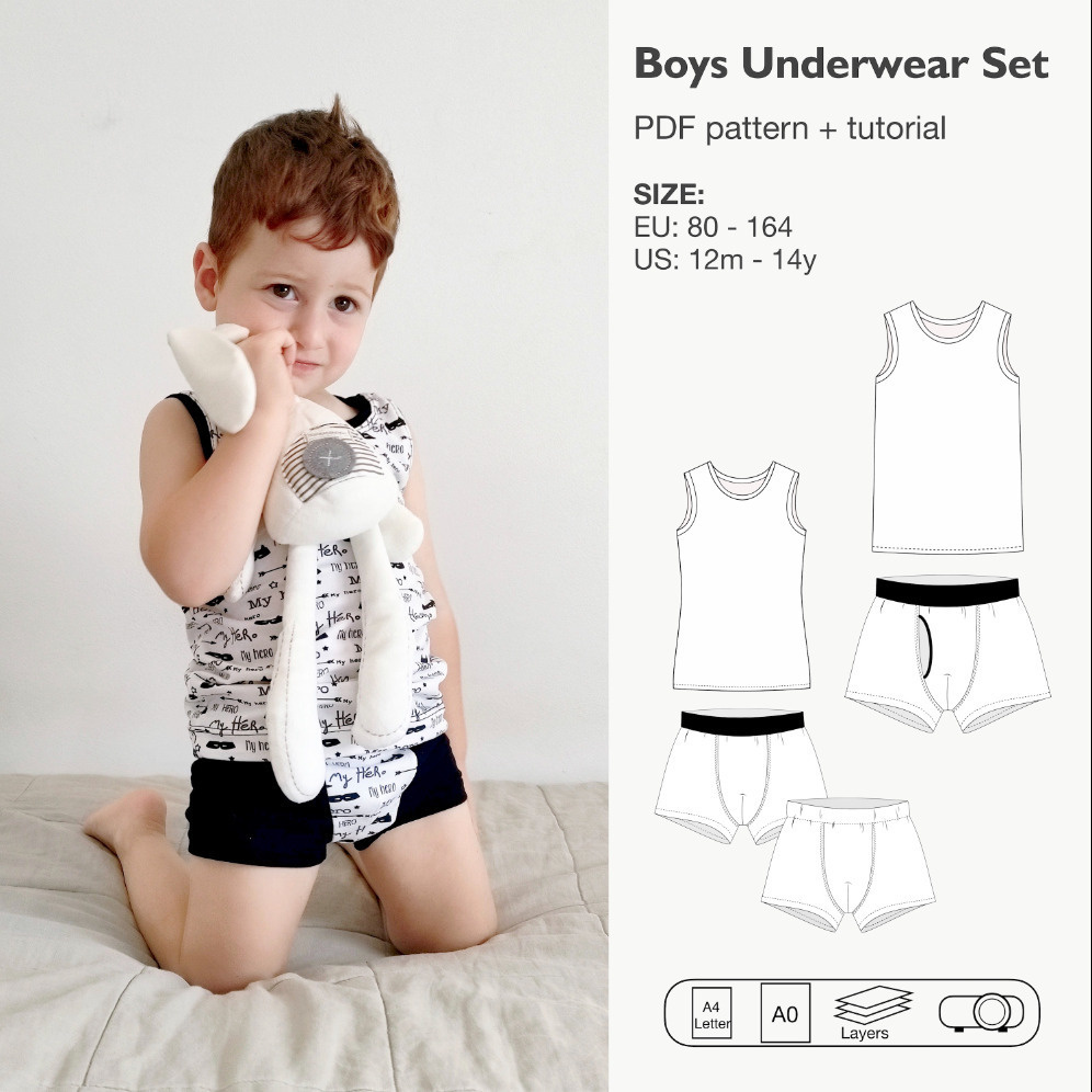 Boys underwear set pdf sewing pattern, boys vest and boxer