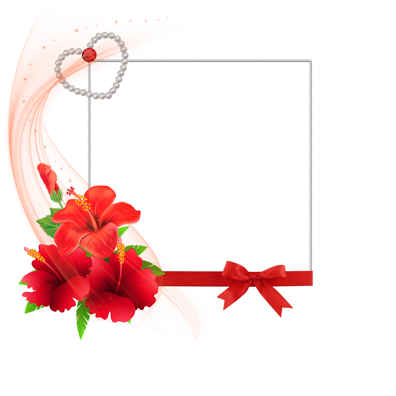 Framework, red ribbon, flowers, the heart of, pearl free image from