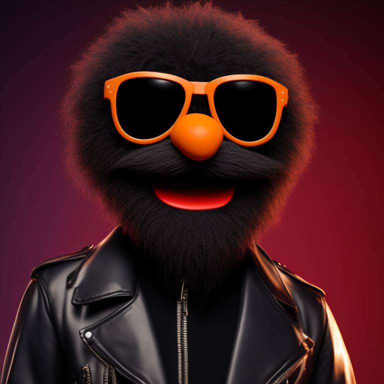 trustyfox371 full body image of a tough guy puppet with a beard wearing sunglasses and leather