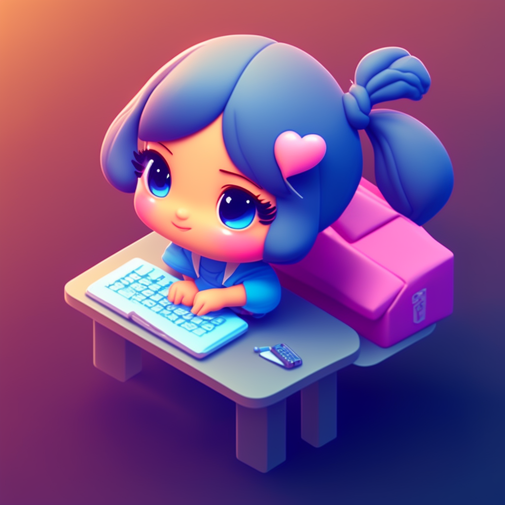 axelhook Tiny cute isometric girl sitting at desk with computer emoji