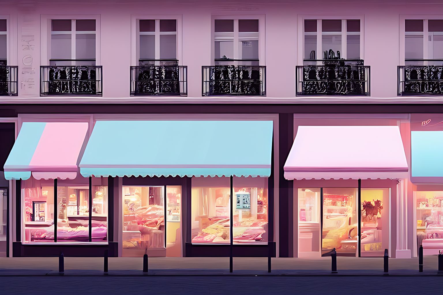 dannytrinh clothing store on a street in paris, bright, pastel