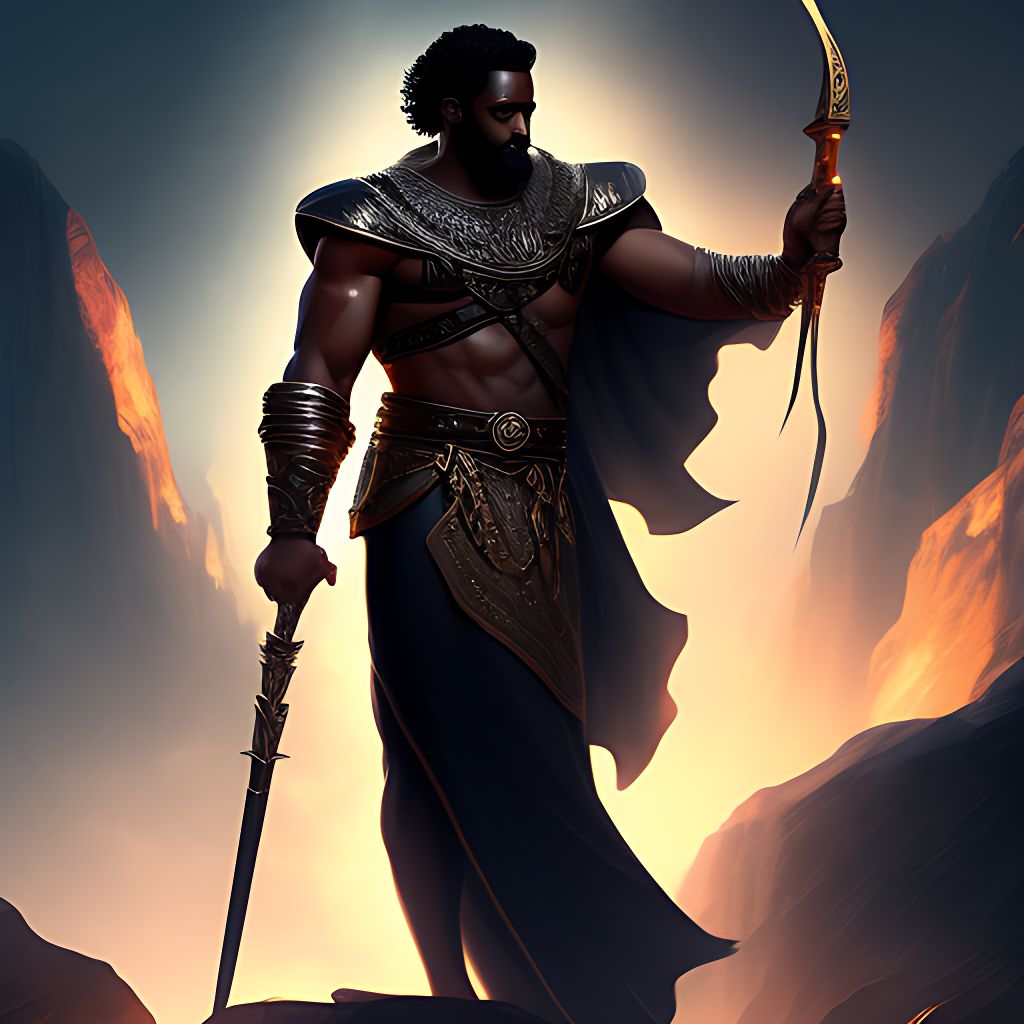 black dark skinned greek god wearing toga with arms in