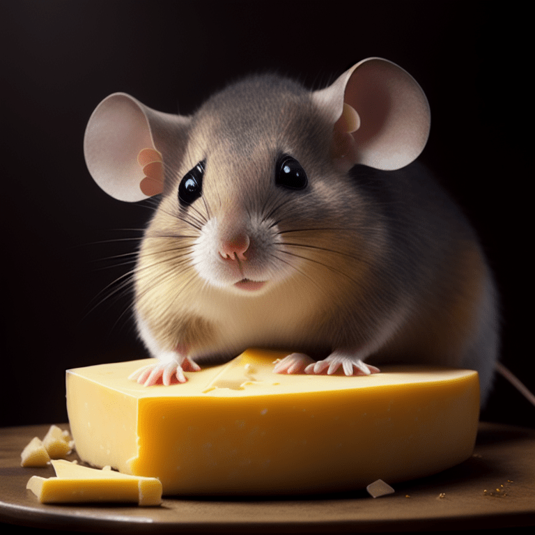 PolyCrumbs Adorable fat mouse surrounded by piles of cheese and honey,oil painting style of