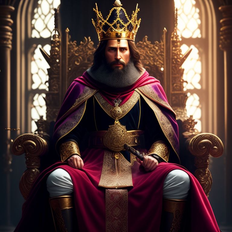 flatgoshawk913 40 year old white medieval king, sitting in a large unadorned wooden chair, at