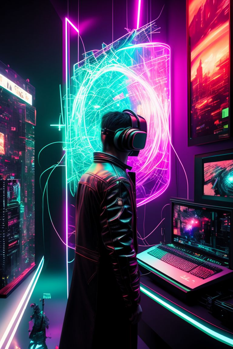 AngkarA Adult male in casual clothes and VR headset exploring virtual