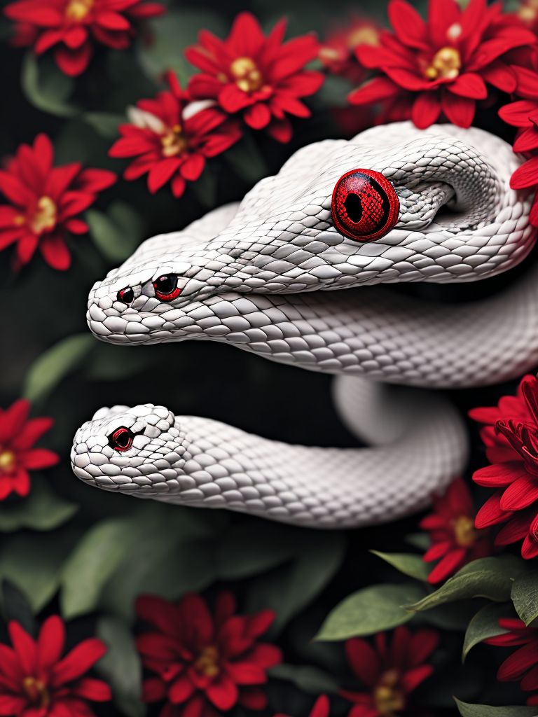 kenyang a white snake head with red eyes, in the eden garden