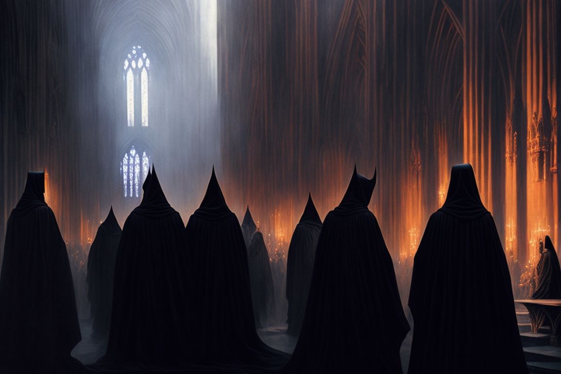 earlycod867 people in black robes pass each other a luminous crown