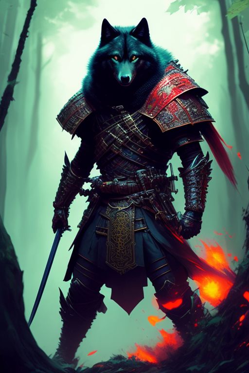 AeXasArt anthropomorphic black wolf samurai warrior, full body