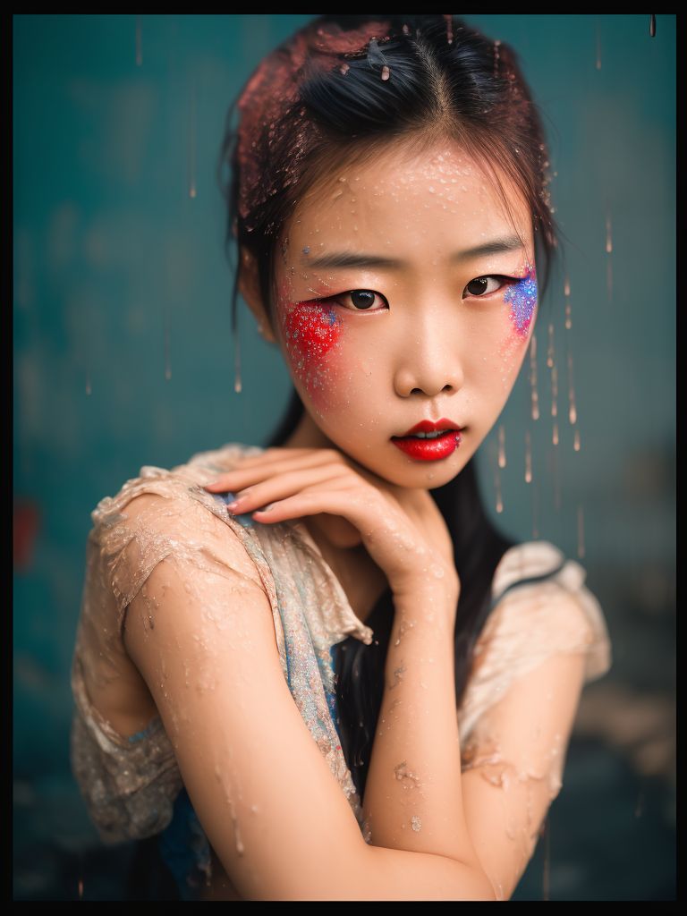 KilburnSpider Mysterious Asian girl with rain on her face, and blue