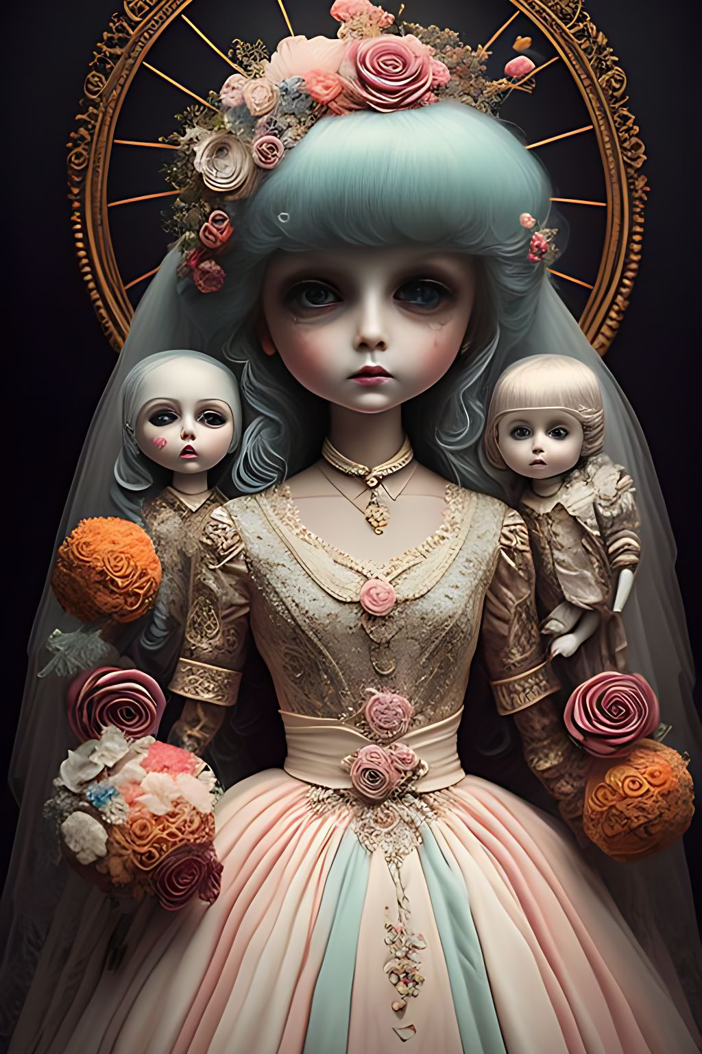 Sana cute creepy old doll from horror movies, vintage velvet dress