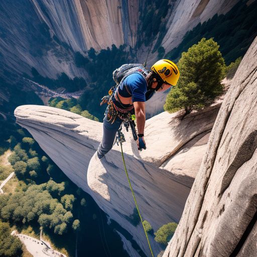 A male freeclimber climbing El Capitan, viewed from above
