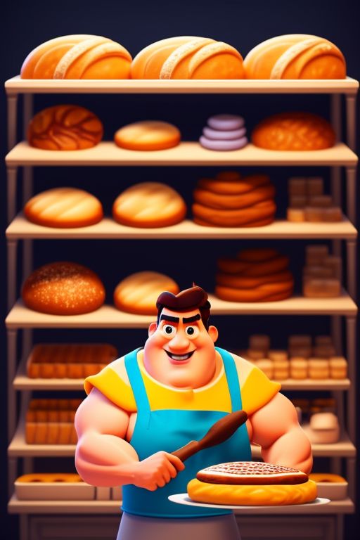LOUVARY cartoonstyle 3d animation A strong baker avatar in a bakery