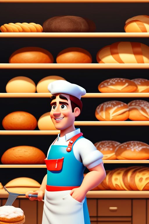 LOUVARY cartoonstyle 3d animation A strong baker avatar in a bakery