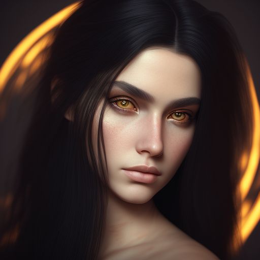 sandysalmon938 a hunter girl with long black hair and golden eyes, black background