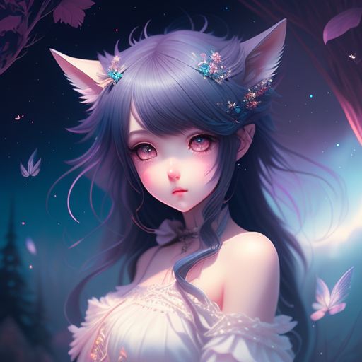 n Wolf cute anime girl with black hair, dark blue eyes,