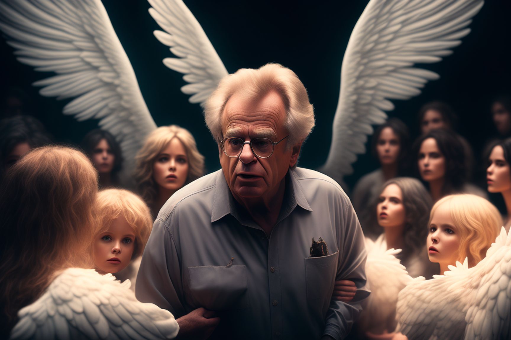 danbergen Jerry springer surrounded by angels fighting in heaven