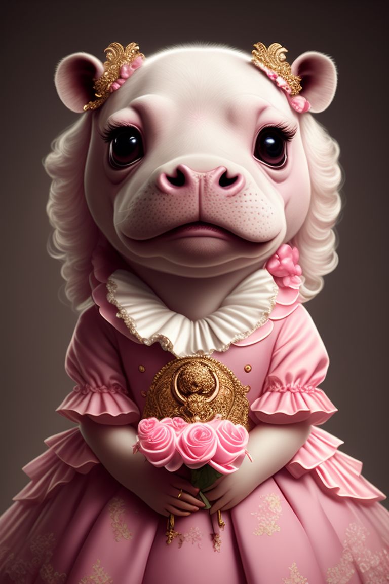 roughdunlin906 rococo style, hippo anthropomorphic, pink dress, marie