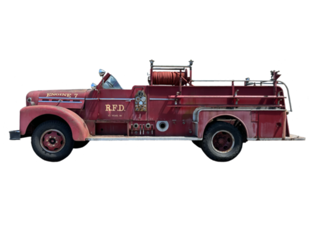 SeagraveIO Retro antique fire engine, 1954 Seagrave pumper, flat, 2d, vector, steampunk, open
