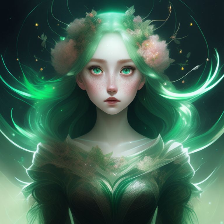 KitFox Dryad, green and white color theme, pointy ears, nature, trees