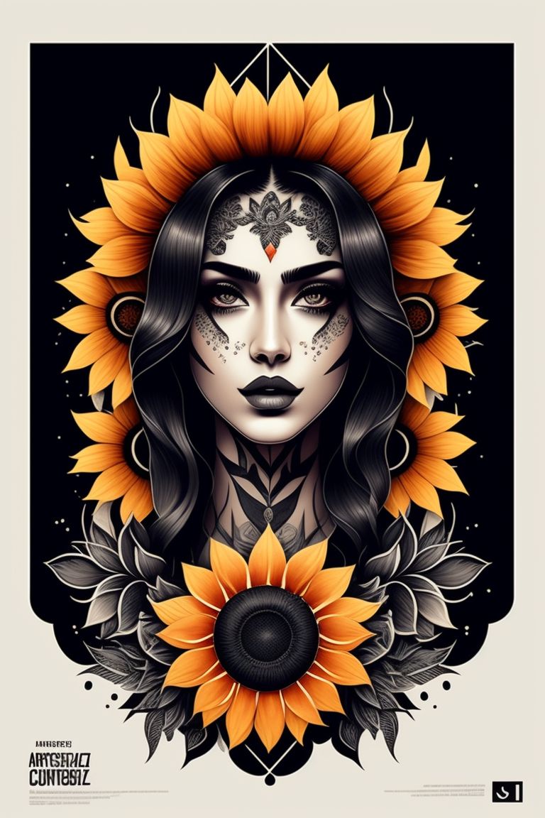 Areias81 a black and white tattoo of a sunflower, a tattoo by Joze