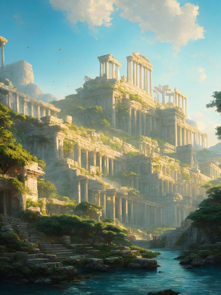 Hursty fantasy ancient greek city on an island surrounded by ocean
