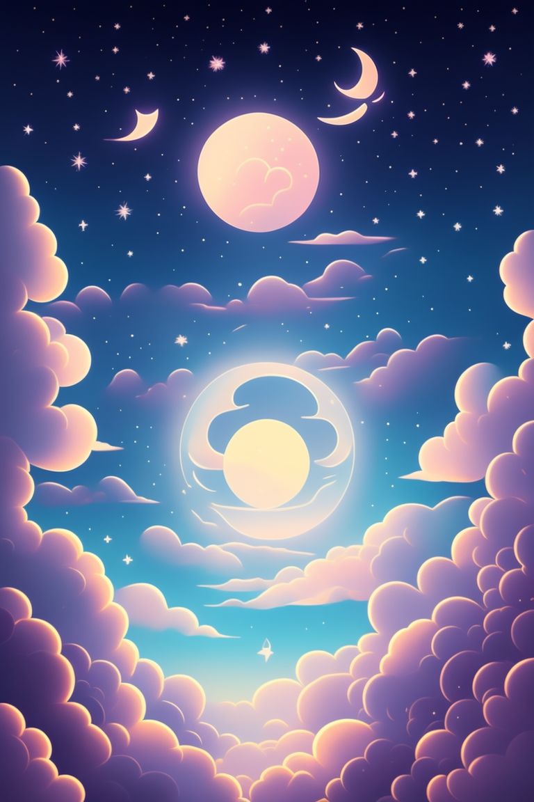 bothtarsier275 baby lullaby, lying on the clouds, with 1 moon and stars in the background.