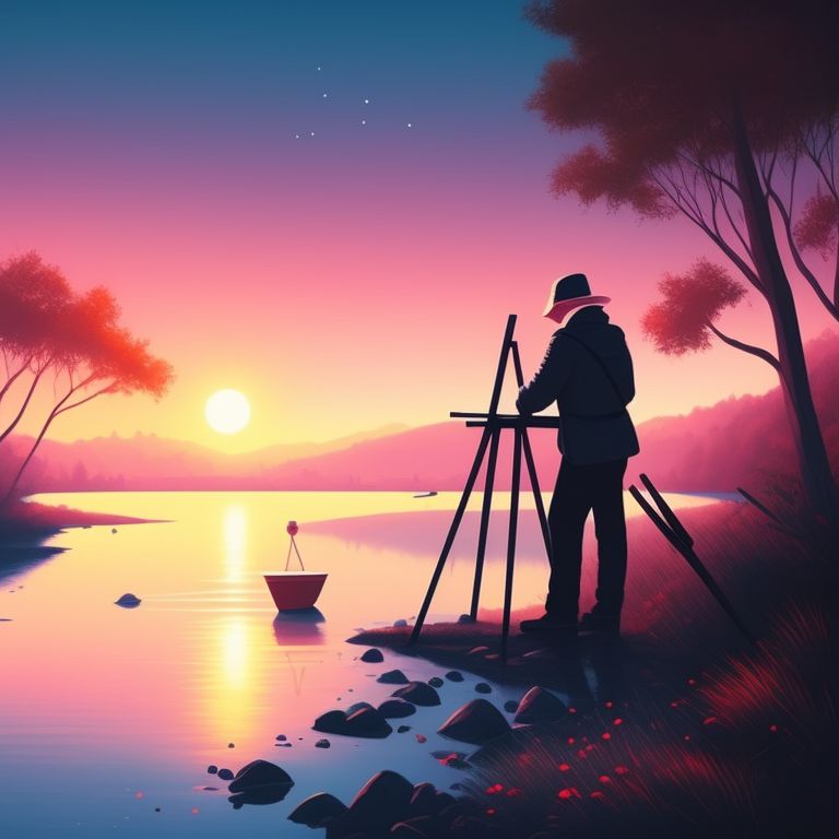 merryibex387 A painter setting up their easel by the riverbank at dawn.