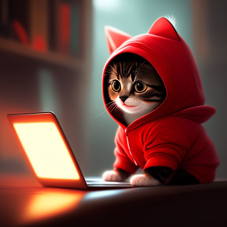 bossyemu35 Cat with red hoodie on laptop