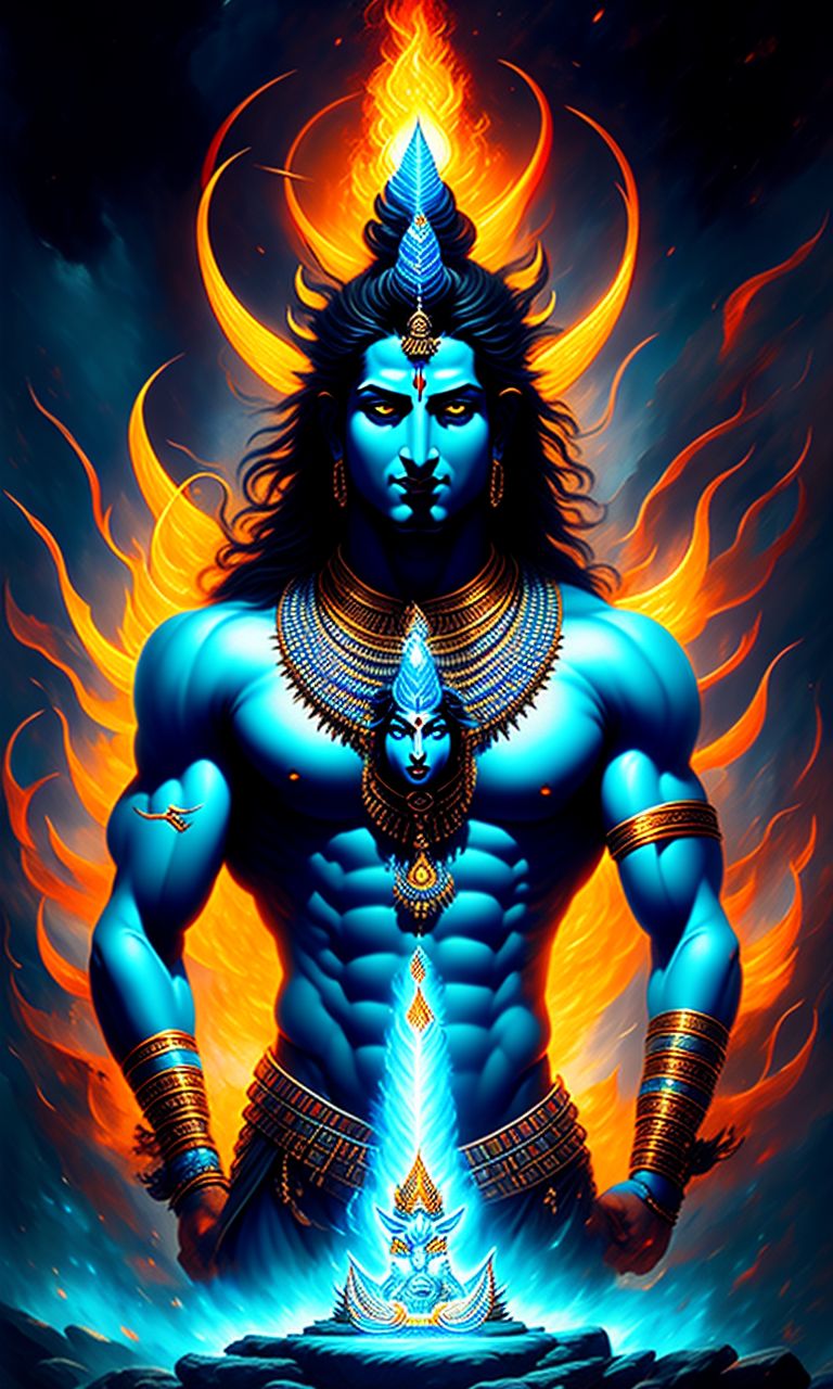 bluenocture Lord Shiva the destroyer,surrounded by blue flames,holding