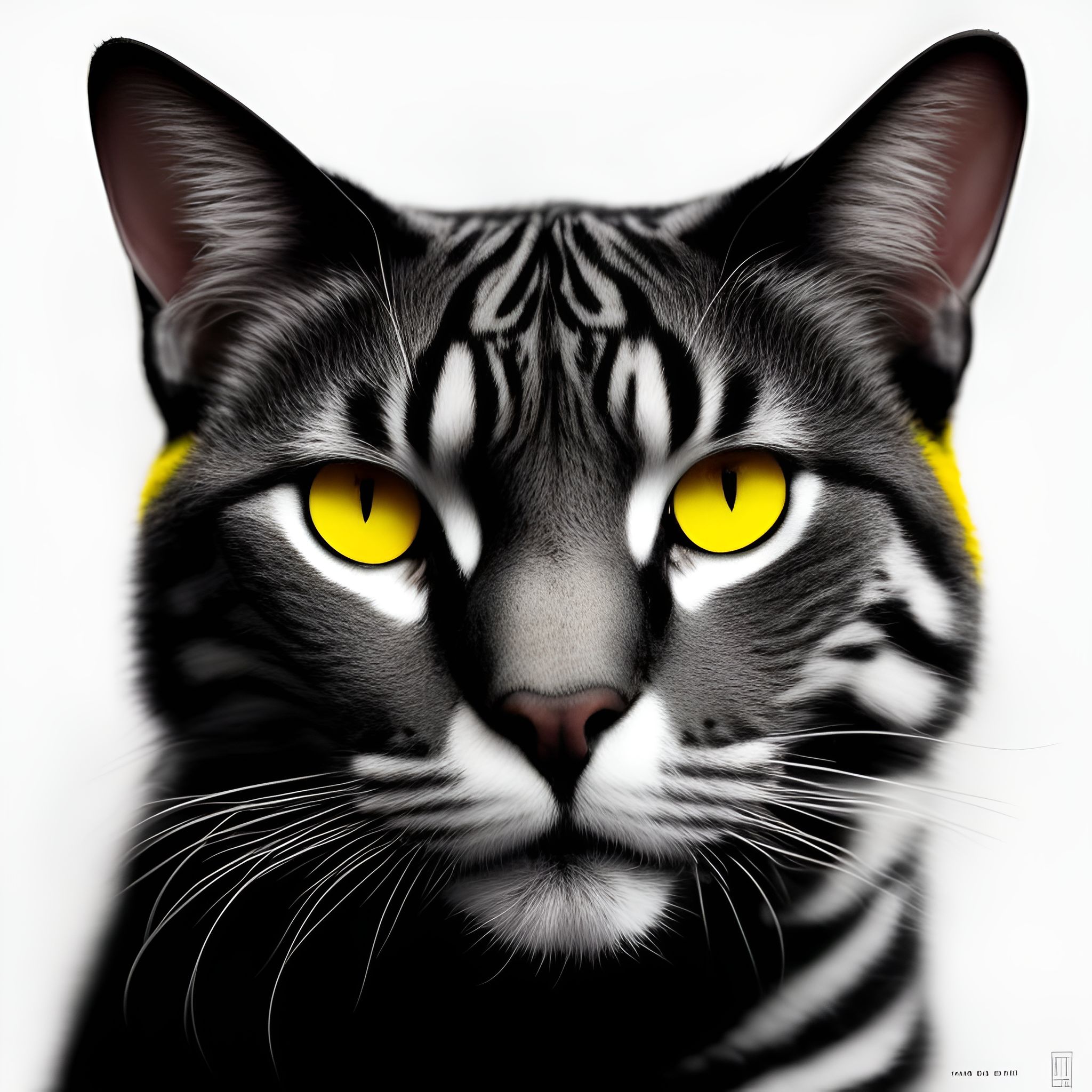 Naglauamorda cat, with bright glowing eyes, (((acid yellow))), black and white coloring, analog