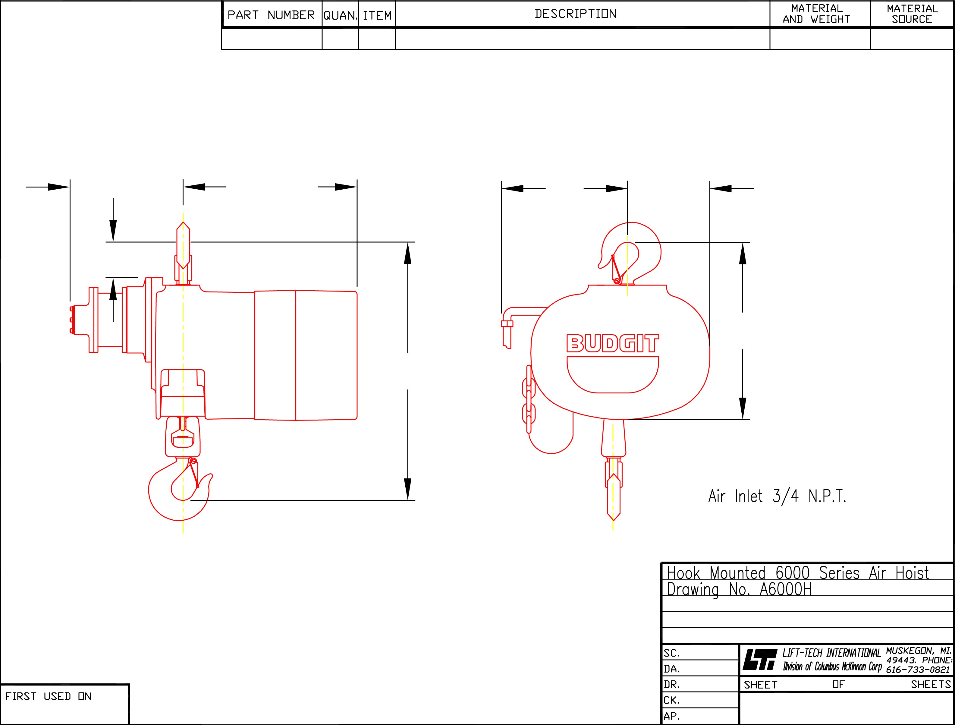 Budgit 6000 Series Air Chain Hoist On American Crane & Equipment Corp.