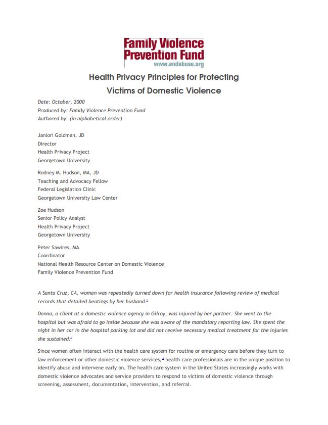Health Privacy Principles for Protecting Victims of Domestic Violence