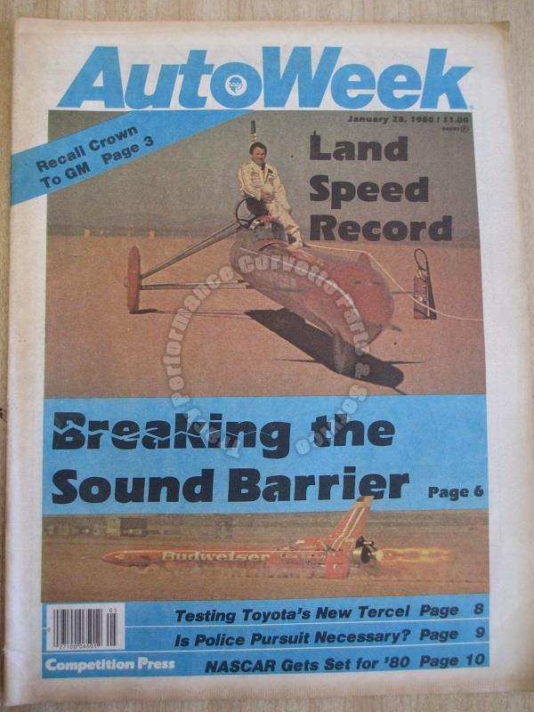 January 28 1980 Autoweek Land Speed Record Barrett Rocket Car CanAm T530 Haas Tracy