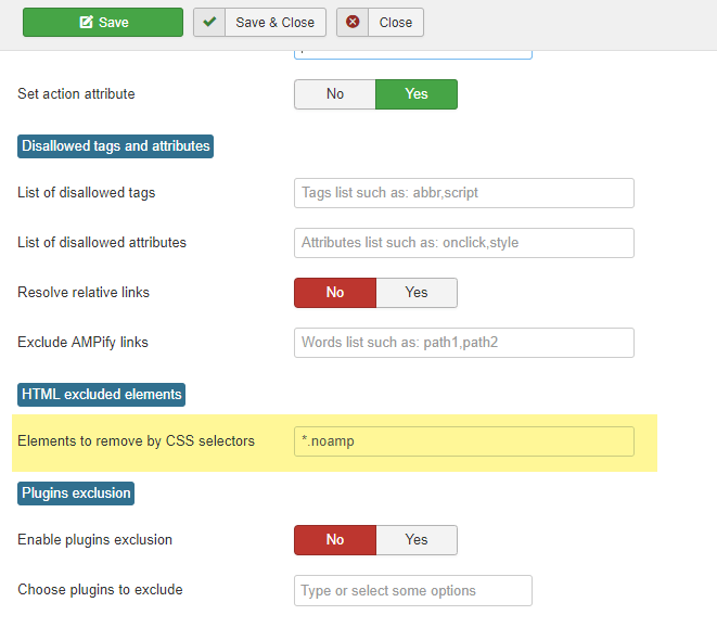 How can i exclude or remove certain elements from an AMP page? Joomla