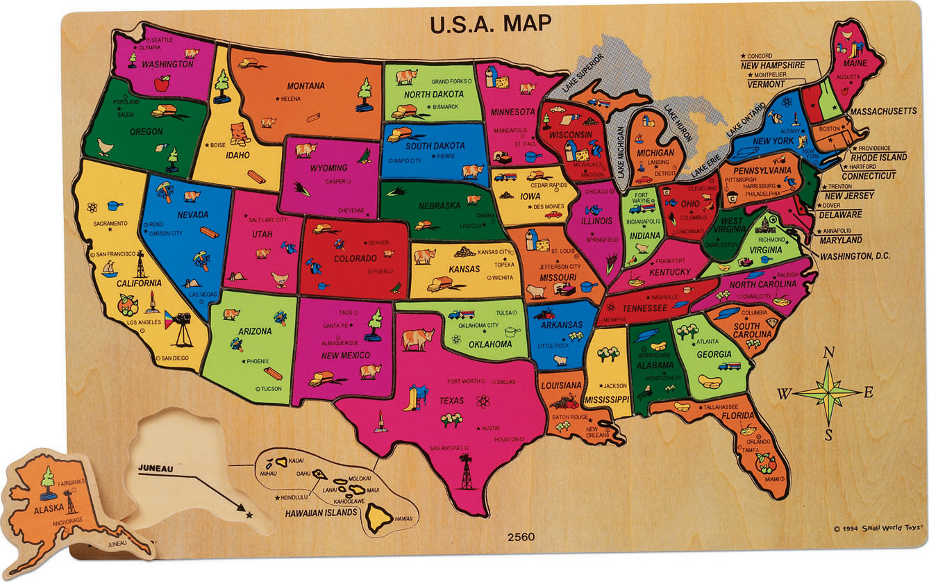 USA Map Wooden Puzzle Blue Turtle Toys