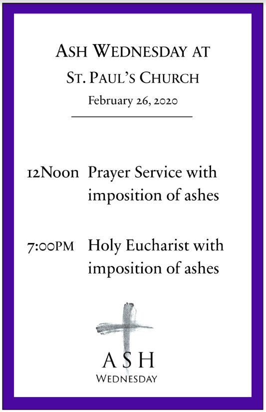 Ash Wednesday Schedule St. Paul's Episcopal Church in Glen Cove